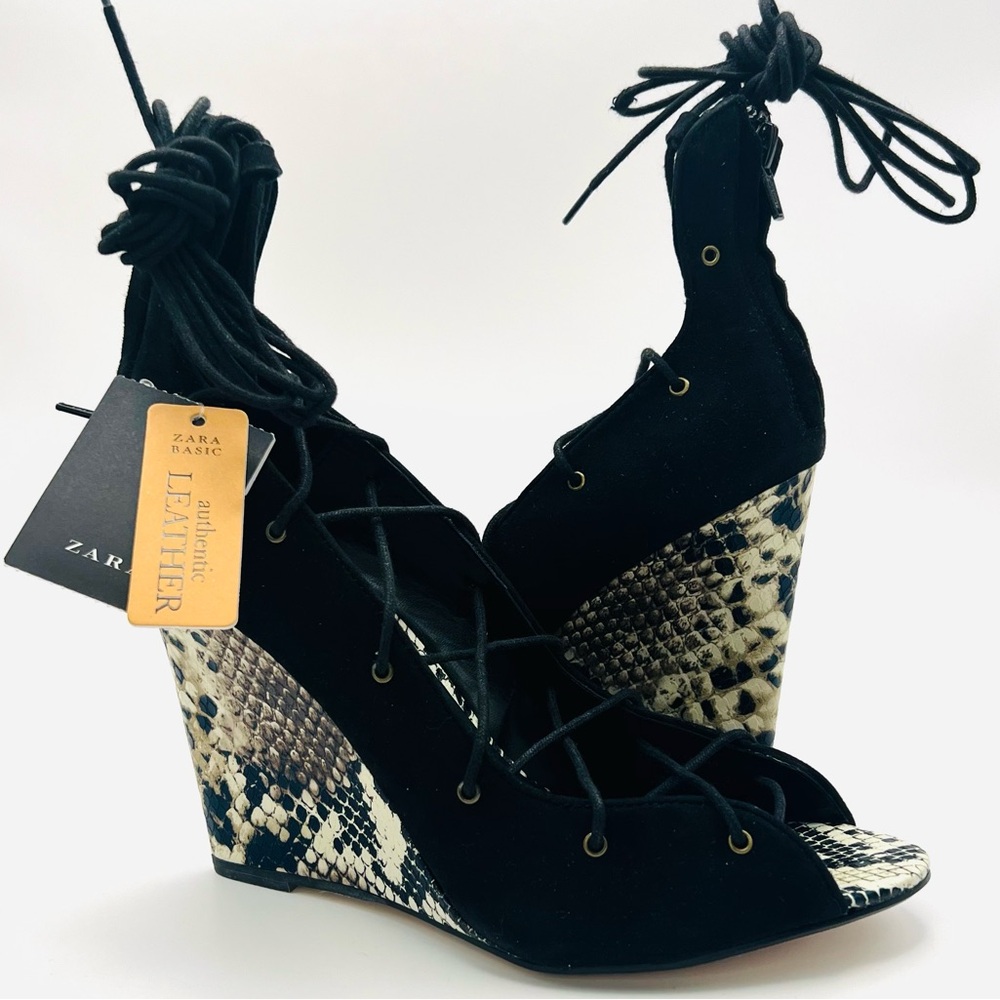 Zara Black and Snake Print Wedge Sandals